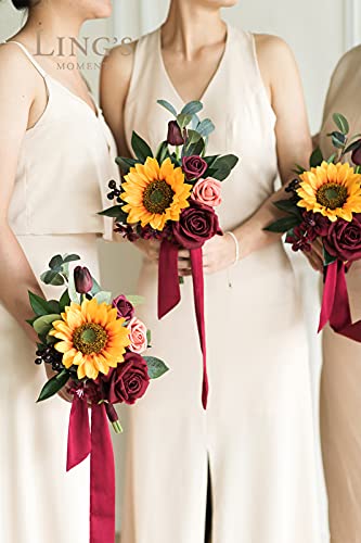 Ling's Moment Set Of 6 Sunflower & Burgundy Bridesmaid Bouquet Wedding Bouquet For Bridesmaids Posy Bouquet For Bridal Shower Bridal Party Photography Wedding Ceremony #TOP1
