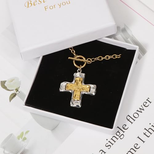 Crown Cross Pendant Necklace Chunky Cross Necklace for Women Statement Necklace 14K Gold Plated Dainty Cross Necklace