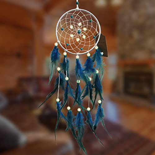 Handmade Turquoise Blue Dream Catcher for Boy– Glow in The Dark Wall Hanging Decor for Boys Girls Bedroom, Nursery, Kids Room, Birthday