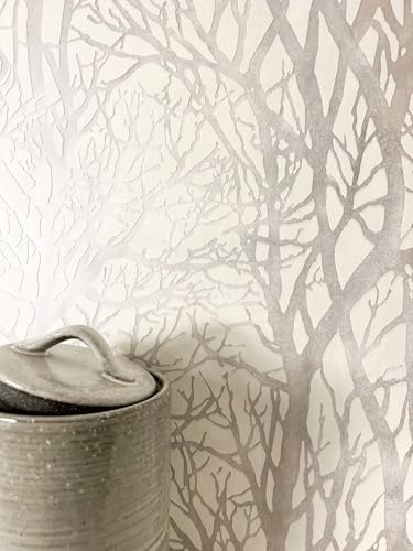Papier peint intissé avec motif arbre blanc crème métallique dans edelster Exécution – Papier Peint Motif exceptionnelle dans moderne Maison de Campagne aspect naturel pour amateurs de design, avec à