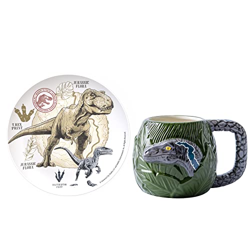 Zak Designs Jurassic World Dominion Movie Ceramic Sculpted Mug Set for Coffee, Tea, Breakfast or Dessert, 3D Character Collectible Keepsake (2-Piece, Non BPA)