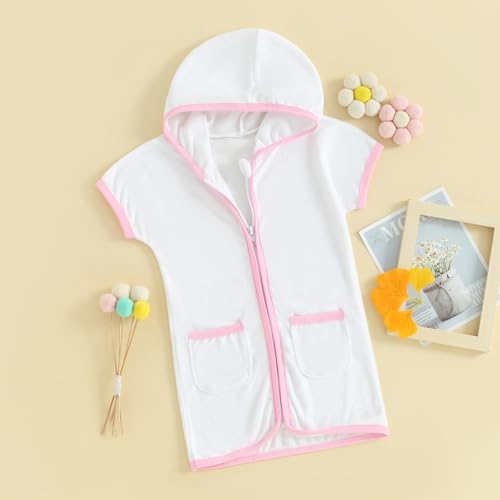 Image of Girls Boys Terry Cloth Swim Cover Up Zip Up Hooded Bathing Suit Coverup Wraps Kids Pool Beach Robe Cover-Up Kimono
