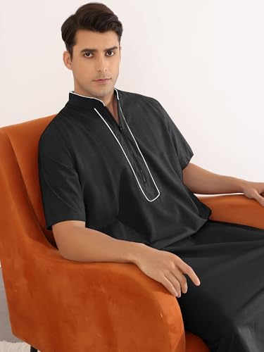 Lars Amadeus Long Nightgown for Men's Loose Fit Short Sleeves Stand Collar Zipper Nightshirts2