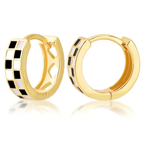 Small Checkered Hoop Earrings, Multicolor Enamel Hoops Earrings for Women, Tiny Round Circle Huggie Hypoallergenic Earrings Piercing Jewellery Gift for Women