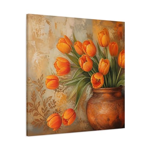 Impression tulipes orange grand format - Déco murale salon carrée 75x75cm