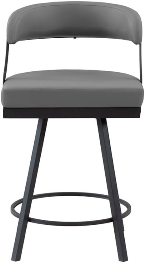 Pemberly Row Set of 2 Swivel Counter Height Chairs, Gray Faux Leather Upholstery, Black Metal Frame, 26.5 in Seat Height, Contoured Backrest, Modern Kitchen or Dining Room Seating