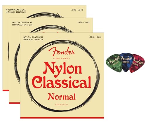 Fender Nylon Classical Strings - Tie End 3-Pack Bundle with 3-Pack Picks
