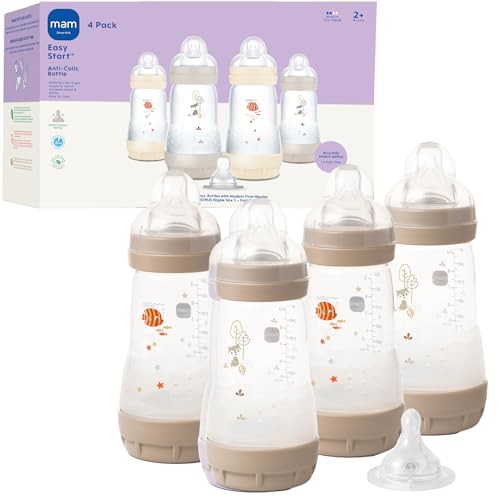 MAM 9oz Easy Start Anti-Colic Wide Neck Baby Bottle, Medium Flow Breastfeeding-Like Nipple, Reduces Colic Gas & Reflux, Easy to Clean, BPA Free, 2+ Months, Made in Europe, Bonus Fast Flow Nipple, 4 Pk
