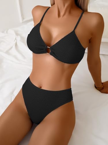 Fanuerg Women's Ribbed Triangle Bikini Sets O Ring Linked Two Piece Swimsuit Textured Cheeky Swim Bathing Suit2