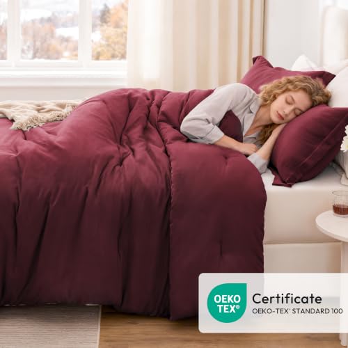 Image of Love's cabin Burgundy King Size Comforter Set, 3-Piece Prewashed Bed Set with 1 Comforter (104 x 90 in) & 2 Pillowcases, Lightweight & Breathable for All Seasons