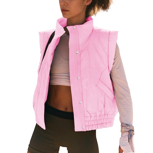 Ainangua Women Cropped Puffer Vest Button Sleeveless Light Jacket Scrunch Stand Collar Essentials Gilet with Pockets X-Small Pink