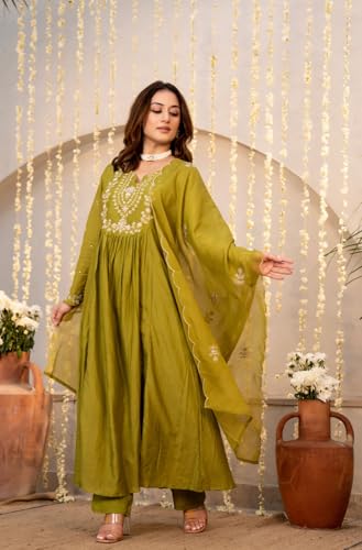 Image of Women Chanderi Silk Embroidered Kurta Pant Dupatta Set | Ethnic Wear | 2.25m Dupatta | S-XXL | Green & Teal Blue
