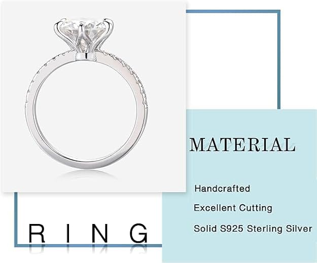 MOOSEA 3ct Moissanite Engagement Rings for Women - Round Cut Lab Created Wedding Band 925 sterling silver with rhodium plating Moissanite Ring Anniversary Birthday Gift