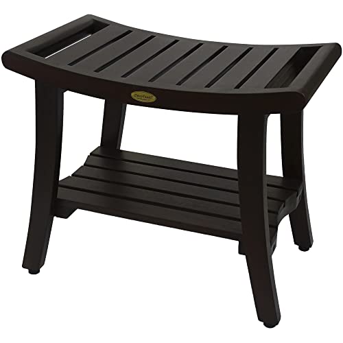 Decoteak Harmony Shower Bench 24" Solid Teak Wood Shower Bench With Shelf And Liftaide Arms 300 Pound Weight Capacity Shower Stool In Woodland Brown Finish #TOP5