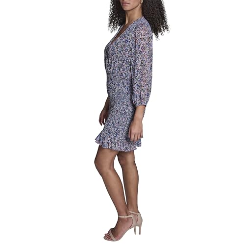 Image of BCBG Women's Long Sleeve V Neck Smocked Chiffon Ruffle Hem Mini Dress