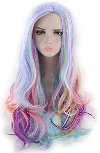 New Long Wavy Rainbow Ombre Wig, for Mermaid Unicorn Costume Play Party; Women's Rose Net Synthetic Cosplay Hair, No Bangs, 70cm Multi Color Curly Hair With 1 Wig Cap; F1DJS