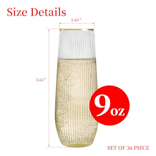 HOMIP 36pcs Plastic Champagne Flutes with Gold Rim - 9oz BPA-free Disposable Champagne Glasses, Ribbed Ripple Design for Weddings, Parties, Bars & Events (Stemless, Durable) by HOMIP - Image 2