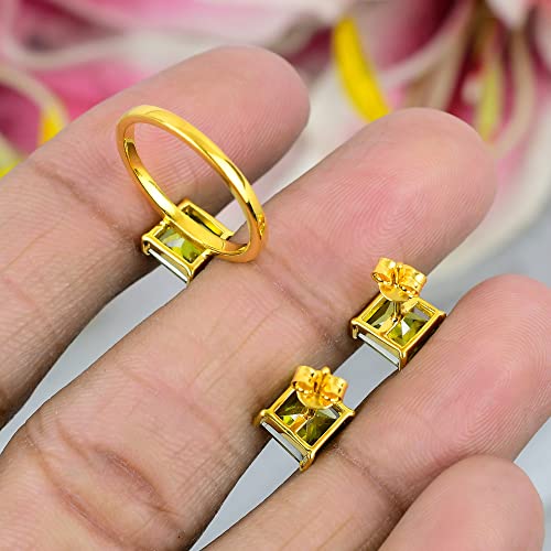 925 Silver Earrings Stud For Girls/Peridot Gemstone Jewelry Set/Solitaire Stacking Rings For Woman/Designer's Band (Yellow Gold Plated, 9) #TOP4
