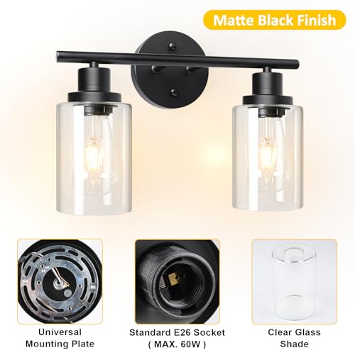 Image of Unicozin 2 Light Vanity Lights, Black Wall Sconce Light with Clear Glass, Bathroom Light Fixtures, Wall Lights for Mirror, Living Room, Bedroom, Hallway, E26 Base (Bulbs Not Included)