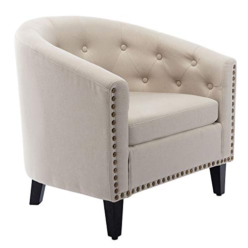 Fanye Modern Living Armchair Accentchair Button Tufted Rivet Decor Tub Barrel Style Single Upholstered Sofachair For Bedroom Meeting Room Home Office Apartment Chairs, Beige Linen #TOP6