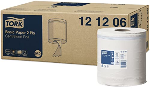 Tork 121206 Papel de secado básico M2 / Pañitos de limpieza de 2 capas compatible con el sistema M2, blanco, 6 bobinas x paquete