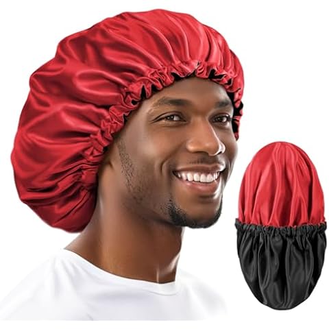 Satin Bonnet for Men Sleeping: Large for Long Braid Waves Curls, Reversible Silky for Hair Smooth No Crease, Adjustbale Red Cover