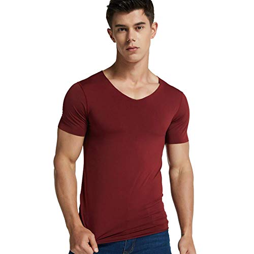 Fishyu Homme Ice Soie Quick Sec T-Shirt à Manches Courtes Col en V Unicolore sans Couture, Perméable à L'Air Haut - Vin Rouge, 4XL