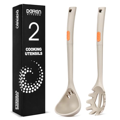 Set di forchetta e mestolo in silicone, grandi utensili da cucina antiaderenti per cucinare, mescolare, servire spaghetti, zuppe, salse (KHAKI)