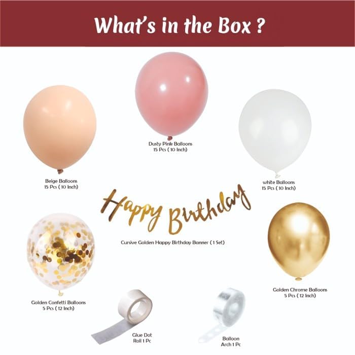 Image of Happy Birthday Balloons Decoration Kit - 58 Pcs Golden Chrome, White & Dusty Pink Garland Set for Birthday Decoration | Birthday Party Decoration Set for Celebrations for Kids & Girls