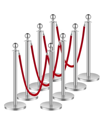VEVOR Poteau de guidage, 8 pcs, barrière de balisage pour contrôle de foules, avec base creuse, 4 cordes velours rouge et poteaux argentés en acier inox,...