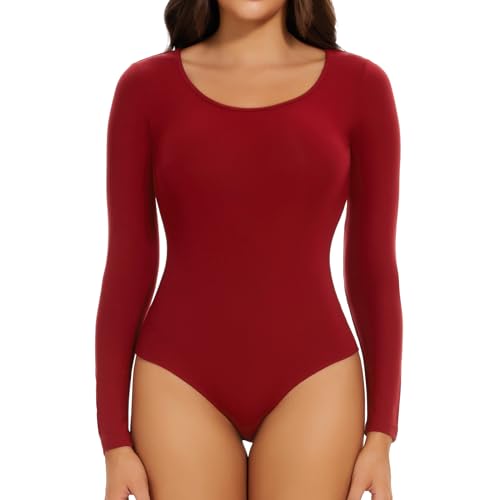 Joyshaper Damen Langarm Body U-Ausschnitt Bodysuit Top Stringbody Basic Unterziehbody Longsleeve Shirt für Frauen Rot M