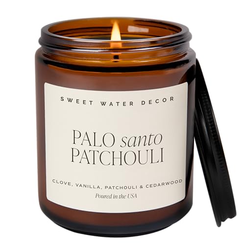 Sweet Water Decor Palo Santo Patchouli Soy Candle - Black Pepper Clove Leaf Nutmeg and Lavender Scented Candles for Home - 9oz Amber Jar + Black Lid 40+ Hour Burn Time Made in the USA