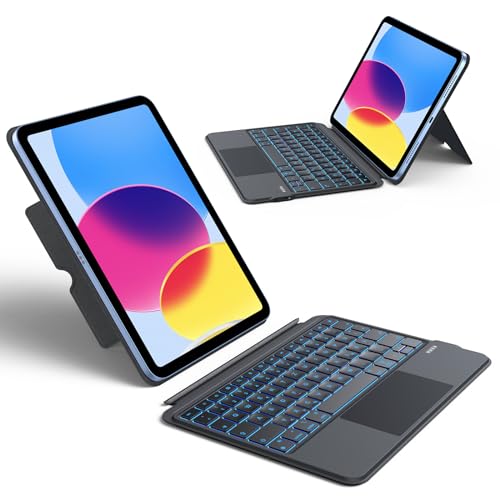 OMOTON Tastatur Hülle für iPad 10 Generation 2022/ A16 11 Generation 2025 (10.9/11 Zoll), 7-Farbige Beleuchtete, Abnehmbare Touchpad, Bluetooth Tastatur für iPad 10. Generation QWERTZ Layout, Schwarz