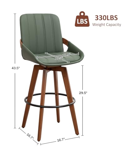 Image of AQG Green Bar Stools 30 Inch Set of 4 Leather Bar Height Stools with Backs, Mid Century Modern Swivel Bar Chairs, Upholstered Barstools Wood Frame for Kitchen Island