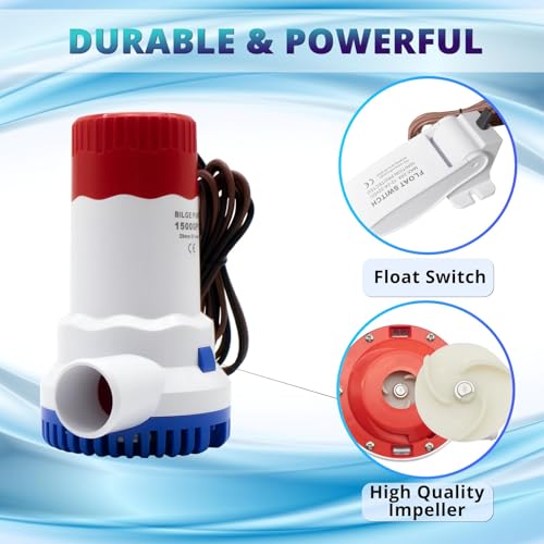 AIRTAK Bilge Pump for Boat DC12V 1500GPH Small Bilge Pump 12 Volt Electric Water Pump Low Noise with The Switch