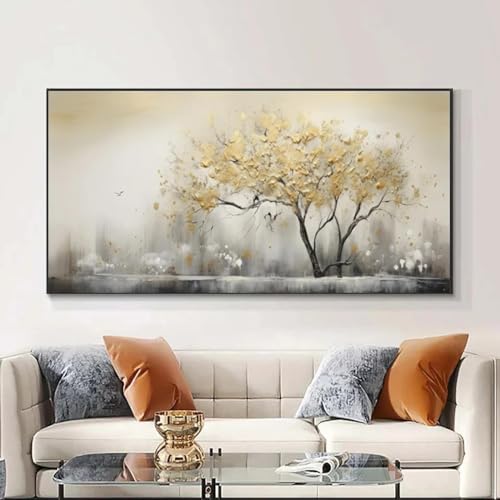 Peintures sur toile abstraites dorées 70x145 cm avec cadre pour salon moderne