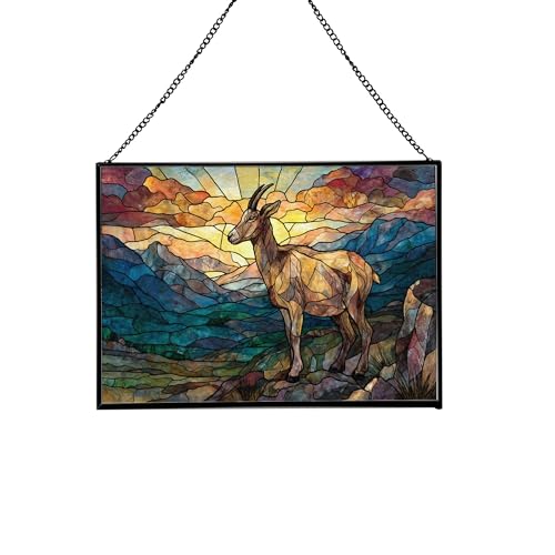 Goat Climbing Rocky Hillside Rectangular Stained Glass Suncatcher – Hanging Window Panel with Animal & Nature Scene – Vibrant Glass Art Gift for Wildlife, Fantasy, Nature Lovers njwApU
