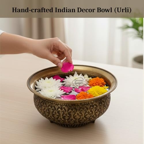 Image of Decorative Brass Chitai 8 inches Urli | Table Centerpiece Flower Floating Bowl | Urali for Mandap, Haldi, Mehendi, Wedding, Reception Decor | Brass Antique | 1500ml