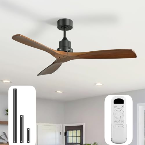 Sofucor 52 Inch Ceiling Fans No Light-Outdoor Ceiling Fan with Remote Control, 3 Blade Reversible DC Motor, Modern Wood Ceiling Fan Without Light for Bedroom Indoor Patios Farmhouse, Walnut