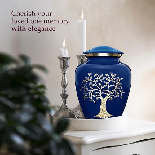 Image of Trupoint Memorials Cremation Urns for Human Ashes, Tree of Life Decorative Burial Urn for Adult Men and Women, Large Blue