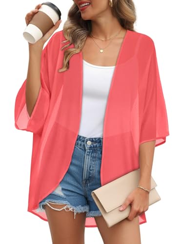 Womens Kimono Cardigans Beach Cover ups Swimwear Puff Sleeve Loose Casual Summer Tops 2026 (Pink,L)