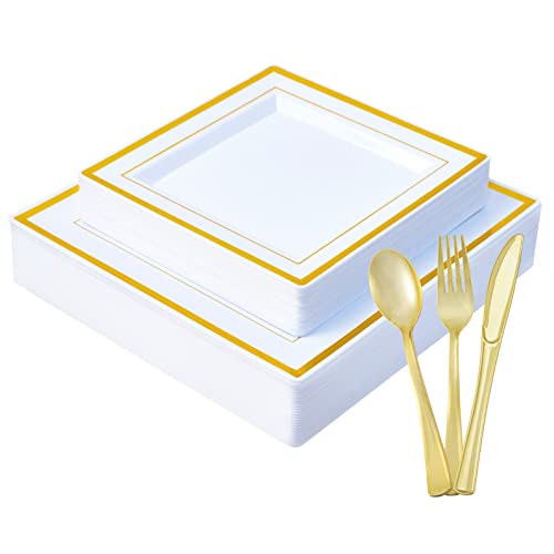 JOLLY CHEF 125 Count Square Gold Plastic Plates, Including 25 Disposable Dinner Plates, 25 Plastic Salad Plates, 25 Knives 25 Forks 25 Spoons, Plastic Dinner Plates for Weddings and Parties