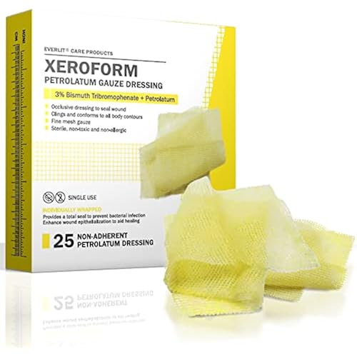 EVERLIT Xeroform Petrolatum Dressing | Sterile, Non-Adherent Occlusive Fine Mesh Gauze Pad | Non-Toxic, Gentle Patch for Burns, Laceration, Surgical Incisions & Skin Grafts (4" x 4" | Pack of 25)