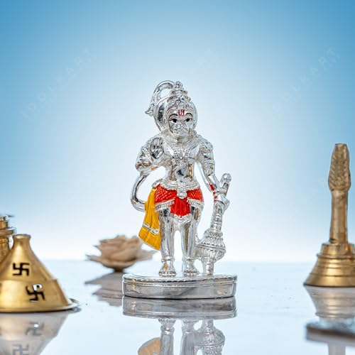 Image of Idolkart Premium Silver-Plated Hanuman Idol (4 inch) with Pure Silver Coating - Hanuman Ji for Car, Hanuman Murti for Car Dashboard, Lord Hanuman Idol for Car Dashboard and Home Decor, Idol