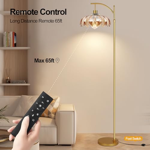 Image of AHDWDW Gold Arc Floor Lamp for Living Room with Remote,Dimmable Modern Floor Lamps with Amber Glass Shade,Unique Vintage Flower Standing Tall Lamp,Mid Century Floor Lamps for Bedroom Office Corner