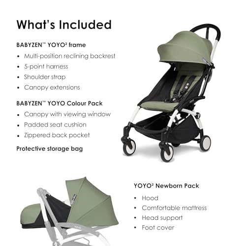 Image of BABYZEN YOYO Foldable Stroller - Includes Newborn Pack (Olive), White Frame & 6+ Color Pack (Olive) - Suitable for Newborn Up to 22 kg, Lightweight, Mattress, Canopy, Head Support & Foot Cover