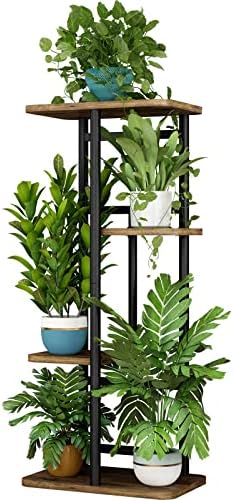 LINZINAR Plant Stand 4 Tier 5 Potted Indoor Plant Shelf Multiple Stands for Garden Corner Balcony Living Room (4 Tier 5 Potted, Black)
