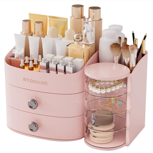 YGJT Makeup Organizer Countertop with Drawers, Make up Organizers for Vanity, Skincare Jewelry Earring Organizers, Cosmetic Display Cases Makeup Storage for Bedroom & Bathroom, Ideal (White)
