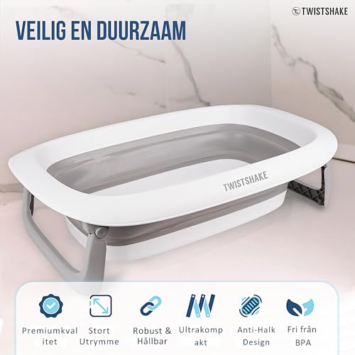 Twistshake faltbare und rutschfeste Babybadewanne | Ergonomisch zusammenklappbar und sicher | Tragbare Badewanne für Kleinkinder | Duschwanne für Kleinkinder | 0+ Monate | Kapazität: 30L | Grau Weiß
