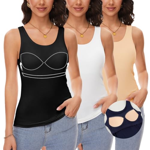 ANYFITTING Damen Unterhemd mit Integriertem BH Tank Top ärmellose Shirts Basic U-Ausschnitt Eingebauter BH Bügelloser Gepolstert Tank Tops Sommer Yoga S-3XL